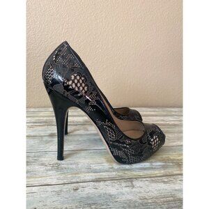 Valentino Garavani Black Patent Leather Peep Toe Lace Heels Shoes Sz IT 37.5